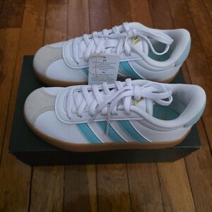 Adidas White Sneakers with Teal Three Stripes